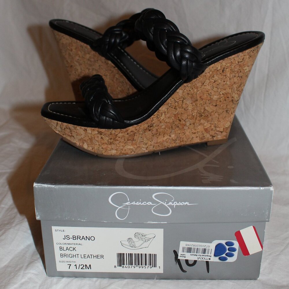 Jessica Simpson Black Leather Braided 2-Strap Cork Platform Wedge Sandals - Picture 2 of 16